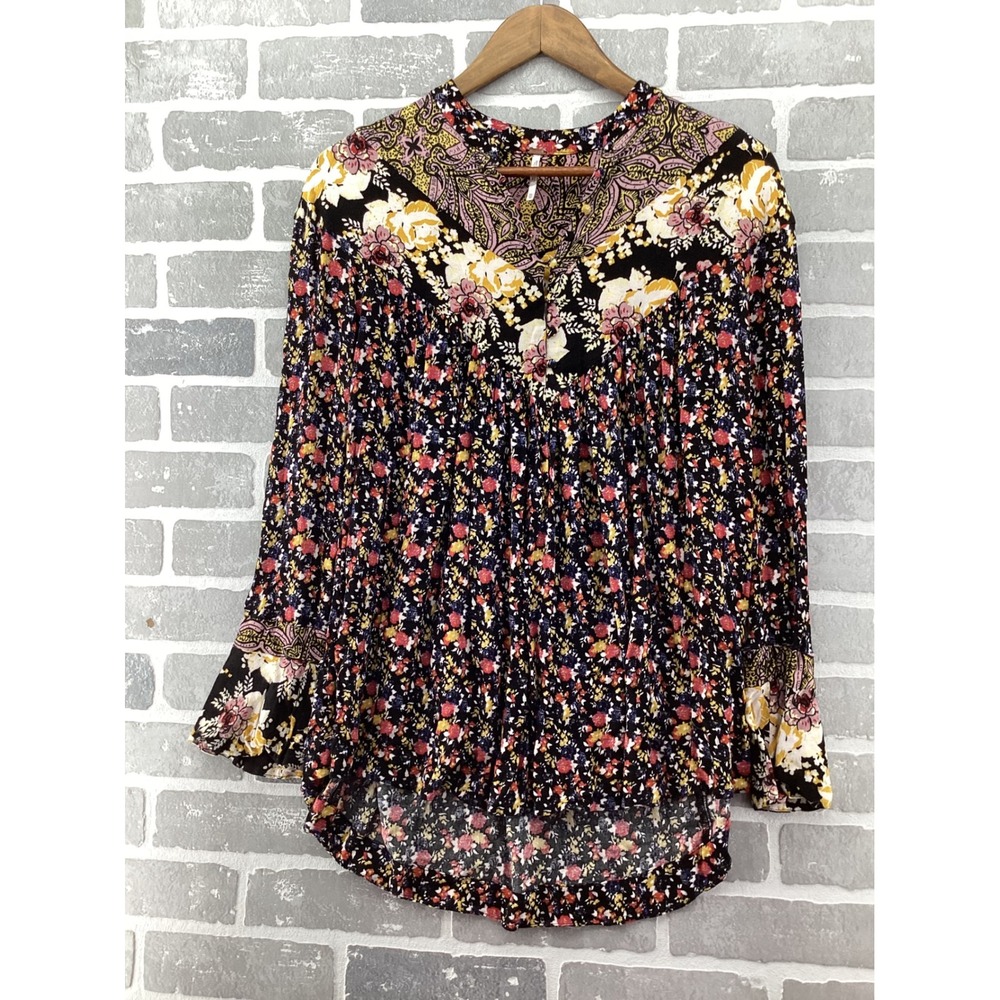 Free People Floral Paisley‎ Mixed Print Tunic Blouse Black XS Long Bell Sleeve
